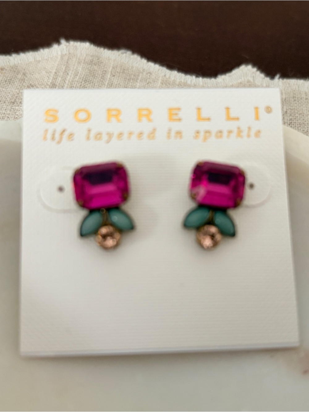 Sorrelli Fuchsia Crystal Studs with Mint Accents and Champagne Drop - Picture 3 of 4